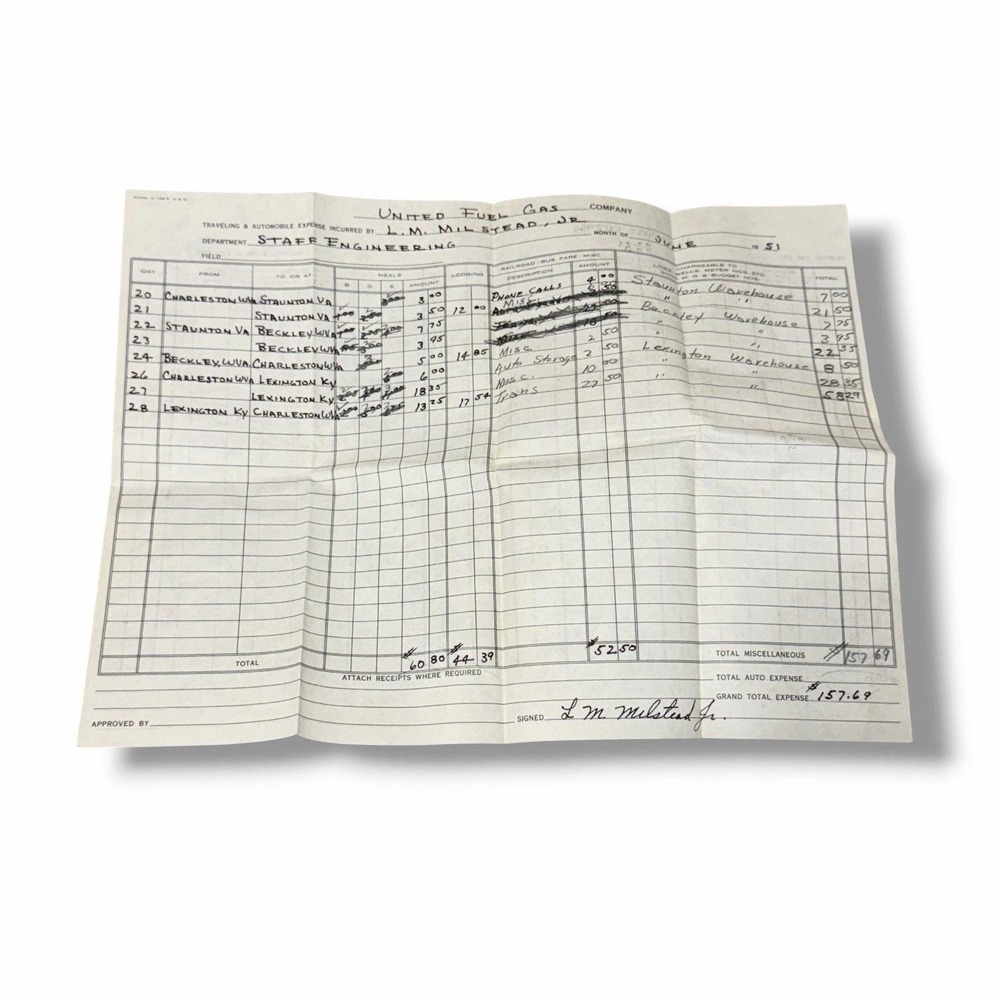 United Fuel Gas Company June 1951 Vintage Employee Expense Report GBX